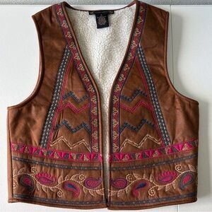 Flying Tomato Embroidered Vest Women Small Faux Leather Western Cabincore Boho